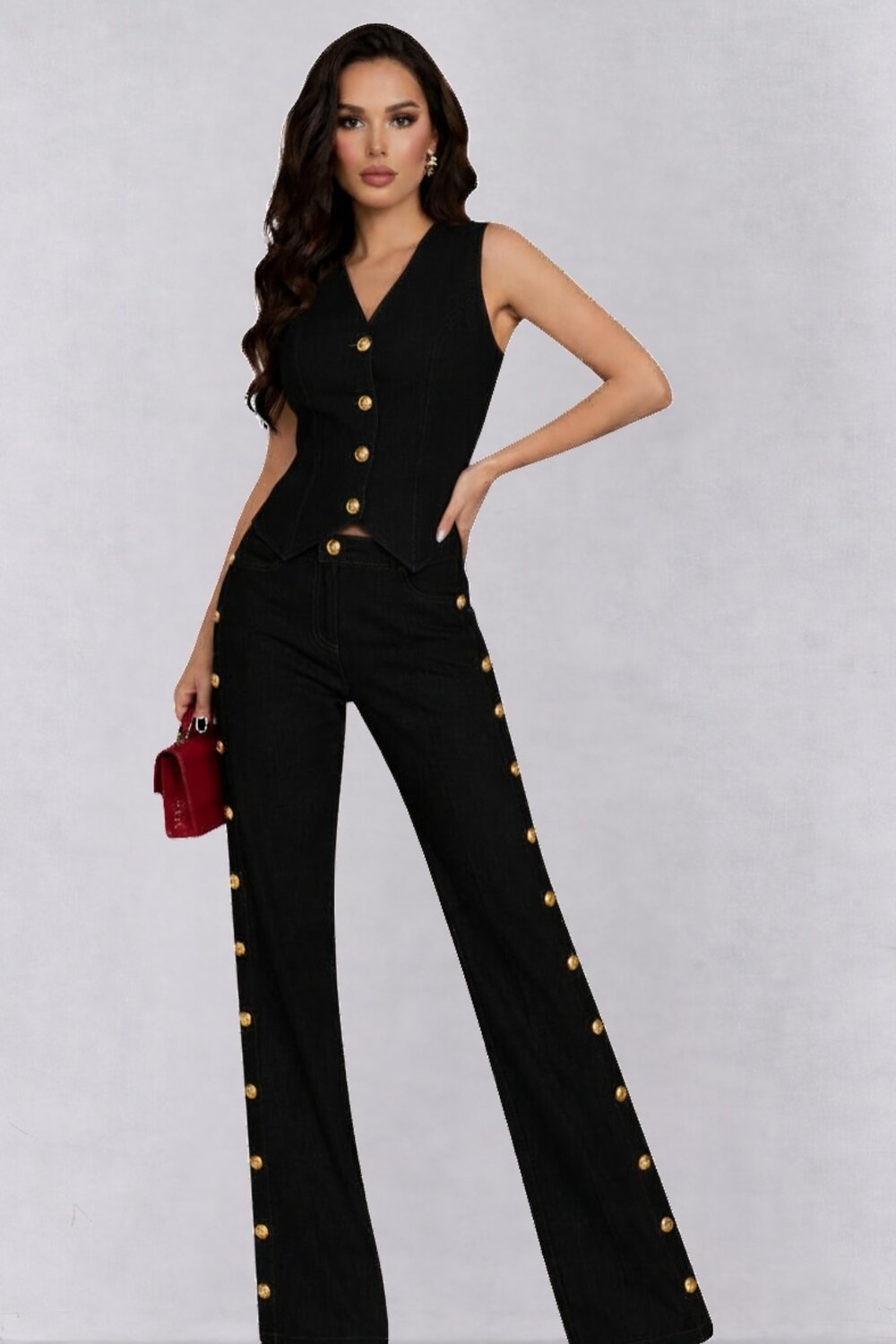 mașini de spălat automate la mâna a doua Compleu De Dama, Din Denim, Doua Piese, Vesta Si Pantalon Lejer, Kendall, Negru