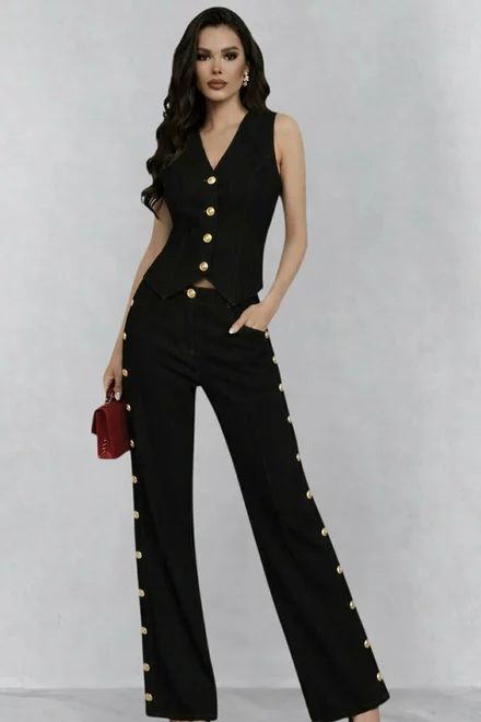 Compleu de Dama, din Denim, Doua Piese, Vesta si Pantalon Lejer, Kendall, Negru