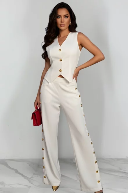 Compleu de Dama, din Denim, Vesta si Pantalon cu Nasturi, Dallas, Ivoire