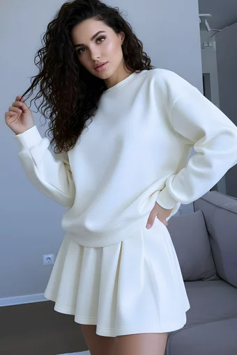 Compleu de Dama, din Doua Piese, Bluza si Fusta Plisata, Zuleya, Alb