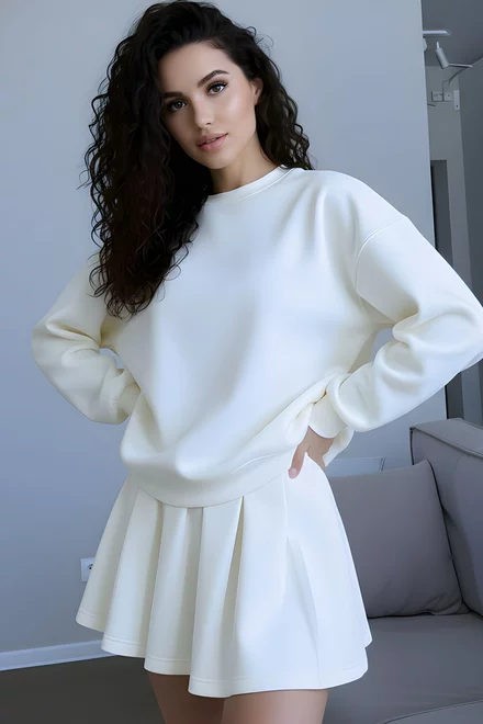 Compleu de Dama, din Doua Piese, Bluza si Fusta Plisata, Zuleya, Alb