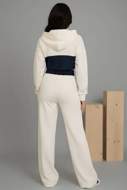 Compleu de Dama, din Doua Piese, Bumbac Combinat cu Blug Albastru, Bravissimo, Ivoire