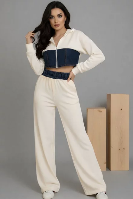 Compleu de Dama, din Doua Piese, Bumbac Combinat cu Blug Albastru, Bravissimo, Ivoire