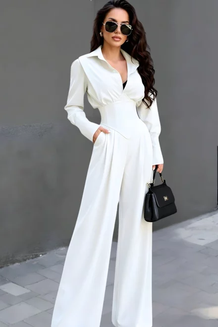 Compleu de Dama, din Doua Piese, Camasa cu Brau Tip Corset si Pantalon Lejer, Kysha, Ivoire