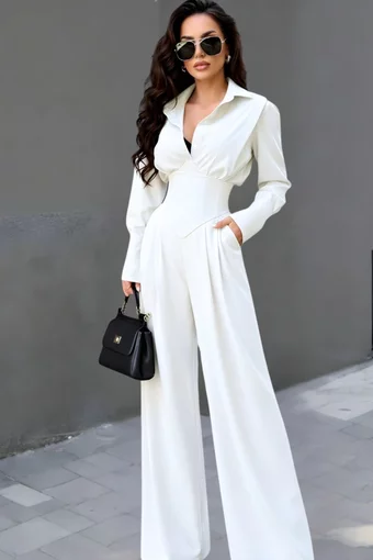 Compleu de Dama, din Doua Piese, Camasa cu Brau Tip Corset si Pantalon Lejer, Kysha, Ivoire