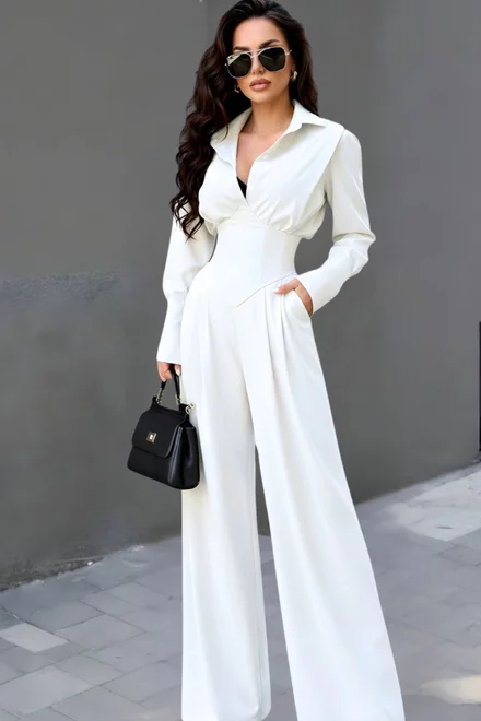 Compleu de Dama, din Doua Piese, Camasa cu Brau Tip Corset si Pantalon Lejer, Kysha, Ivoire