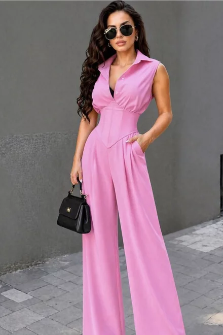 Compleu de Dama, din Doua Piese, Camasa cu Brau Tip Corset si Pantalon Lejer, Zalya, Roz Bon Bon