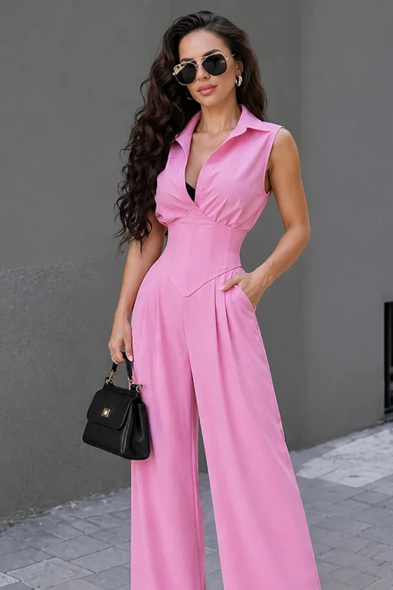 Compleu de Dama, din Doua Piese, Camasa cu Brau Tip Corset si Pantalon Lejer, Zalya, Roz Bon Bon