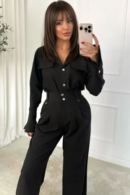 Compleu de Dama, din Doua Piese, Camasa cu Inchidere Nasturi si Pantalon cu Talie Inalta, Hermossa, Negru