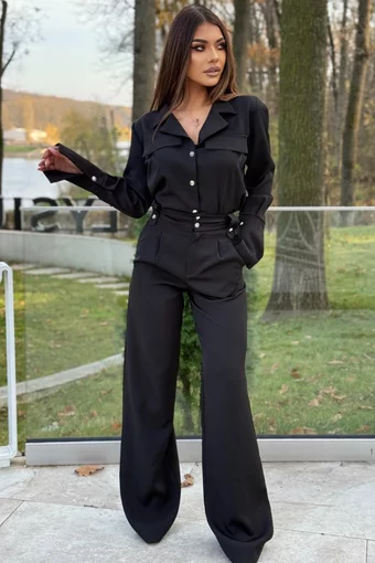 Compleu de Dama, din Doua Piese, Camasa cu Inchidere Nasturi si Pantalon cu Talie Inalta, Hermossa, Negru