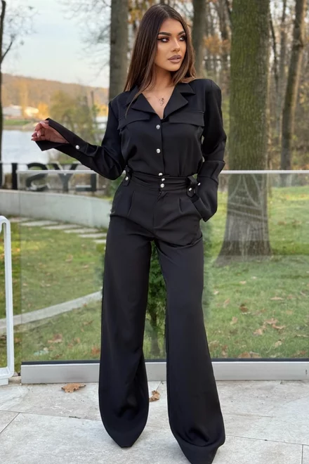 Compleu de Dama, din Doua Piese, Camasa cu Inchidere Nasturi si Pantalon cu Talie Inalta, Hermossa, Negru