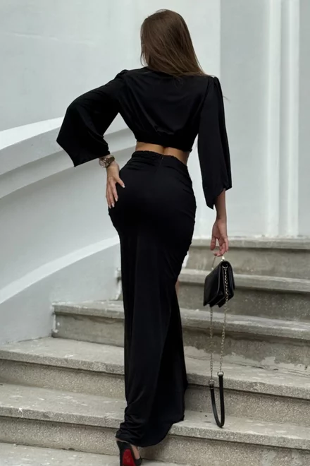 Compleu de Dama, din Doua Piese, Camasa cu Maneci Evazate si Fusta Accesorizata cu Volane, din Lycra, Eclipse, Negru