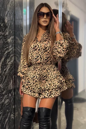 Compleu de Dama, din Doua Piese, Camasa cu Maneci Lungi Bufante si Fusta Pantalon cu Volane, Vaianna, Animal Print