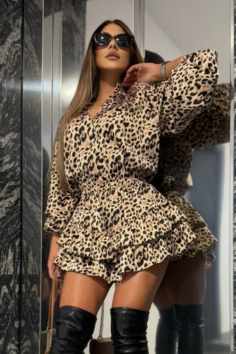 Compleu de Dama, din Doua Piese, Camasa cu Maneci Lungi Bufante si Fusta Pantalon cu Volane, Vaianna, Animal Print