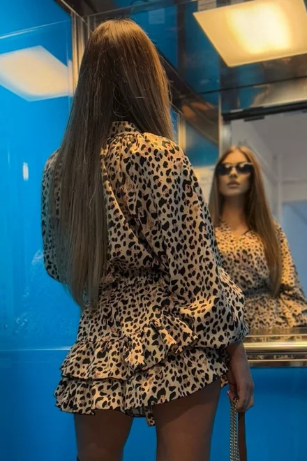 Compleu de Dama, din Doua Piese, Camasa cu Maneci Lungi Bufante si Fusta Pantalon cu Volane, Vaianna, Animal Print