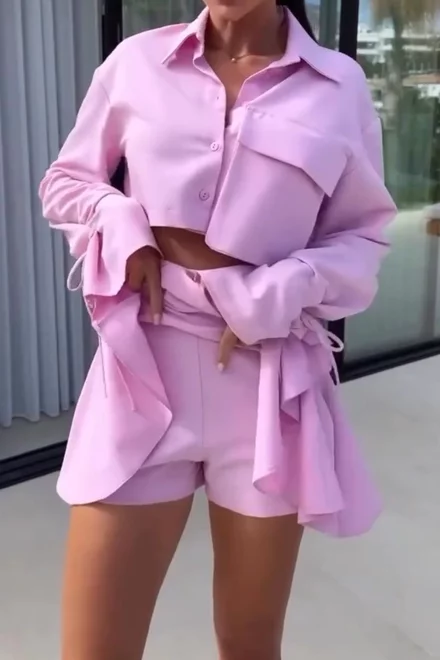 Compleu de Dama, din Doua Piese, Camasa cu un Buzunar Maxi Decorativ si Fusta cu Pantalon, Tunisia, Roz Lila