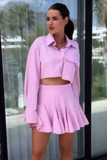 Compleu de Dama, din Doua Piese, Camasa cu un Buzunar Maxi Decorativ si Fusta cu Pantalon, Tunisia, Roz Lila