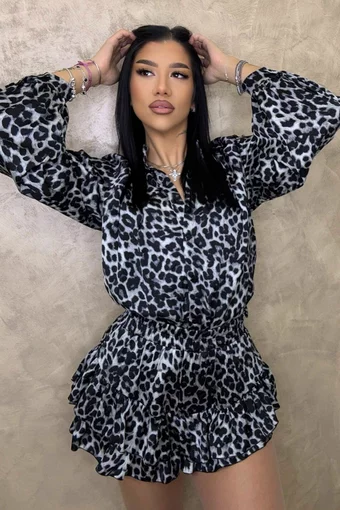 Compleu de Dama, din Doua Piese, Camasa Lejera cu Maneci Bufante si Fusta Pantalon, Juliett, Animal Print