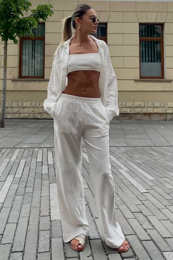 Compleu de Dama, din Doua Piese, Camasa si Pantalon Lejer cu Buzunare, Emiratte, Ivoire