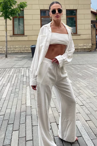 Compleu de Dama, din Doua Piese, Camasa si Pantalon Lejer cu Buzunare, Emiratte, Ivoire