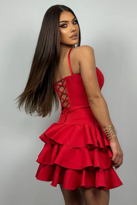 Compleu de Dama, din Doua Piese, Corset cu Snur Reglabil si Fusta cu Volane, Cinnamon, Rosu