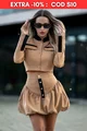 Compleu de Dama din Doua Piese, din Bumbac, Fusta Gogosar si Sacou Scurt, Souvage, Capuccino