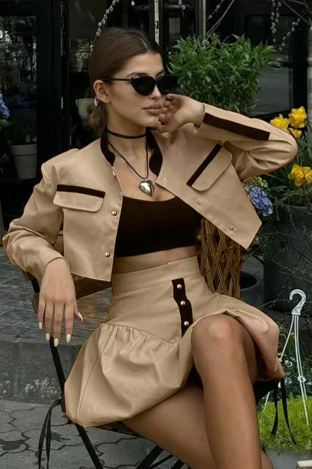 Compleu de Dama din Doua Piese, din Bumbac, Fusta Gogosar si Sacou Scurt, Souvage, Capuccino