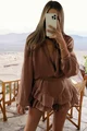 Compleu de Dama, din Doua Piese, Fusta-Pantalon cu Volane si Camasa cu Maneci Lungi, Savanah, Brown