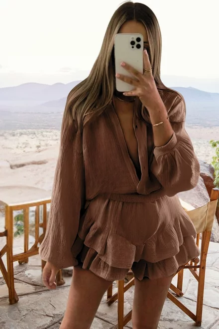 Compleu de Dama, din Doua Piese, Fusta-Pantalon cu Volane si Camasa cu Maneci Lungi, Savanah, Brown