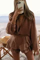 Compleu de Dama, din Doua Piese, Fusta-Pantalon cu Volane si Camasa cu Maneci Lungi, Savanah, Brown