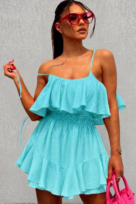 Compleu de Dama, din Doua Piese, Fusta Pantalon si Top, Velly, Aqua