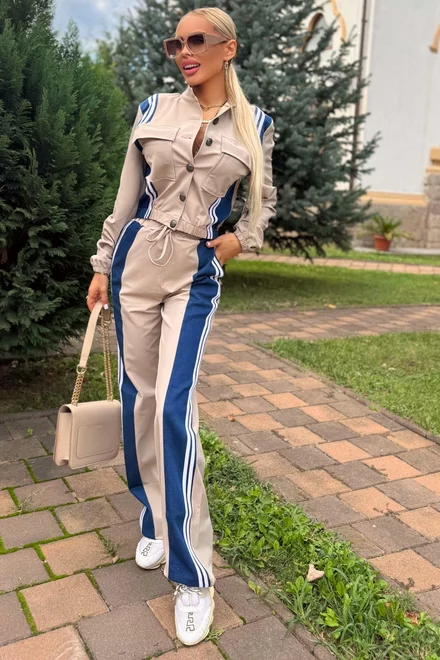 Compleu de Dama, din Doua Piese, Jacheta Scurta cu Inchidere Nasturi si Pantalon cu Insertie Blug, Preciosso, Bej