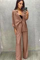 Compleu de Dama, din Doua Piese, Lejer, Camasa si Pantaloni Evazati cu Buzunare si Snur, Dubai Caffe, Bej
