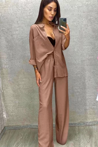 Compleu de Dama, din Doua Piese, Lejer, Camasa si Pantaloni Evazati cu Buzunare si Snur, Dubai Caffe, Bej