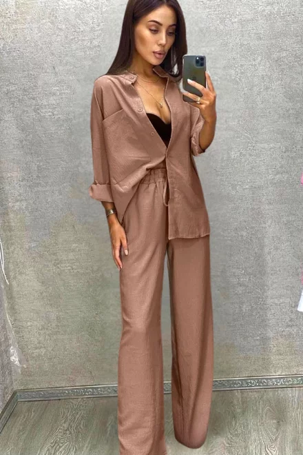 Compleu de Dama, din Doua Piese, Lejer, Camasa si Pantaloni Evazati cu Buzunare si Snur, Dubai Caffe, Bej