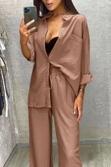 Compleu de Dama, din Doua Piese, Lejer, Camasa si Pantaloni Evazati cu Buzunare si Snur, Dubai Caffe, Bej