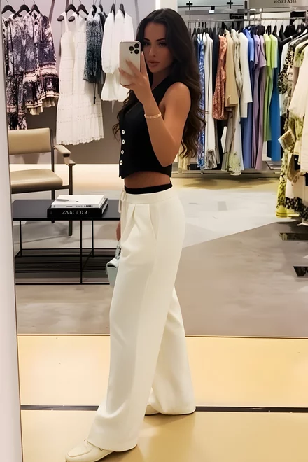 Compleu de Dama, din Doua Piese, Pantalon cu Betelie Dubla si Vesta, Hellyore, Alb-Negru