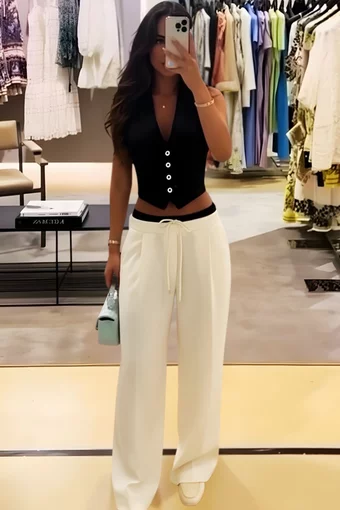 Compleu de Dama, din Doua Piese, Pantalon cu Betelie Dubla si Vesta, Hellyore, Alb-Negru