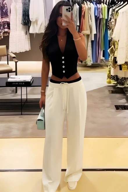 Compleu de Dama, din Doua Piese, Pantalon cu Betelie Dubla si Vesta, Hellyore, Alb-Negru