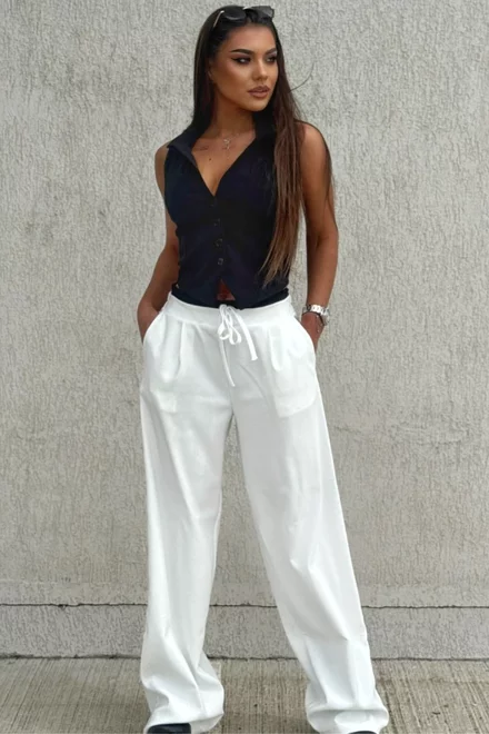 Compleu de Dama, din Doua Piese, Pantalon cu Betelie Dubla si Vesta, Hellyore, Alb-Negru