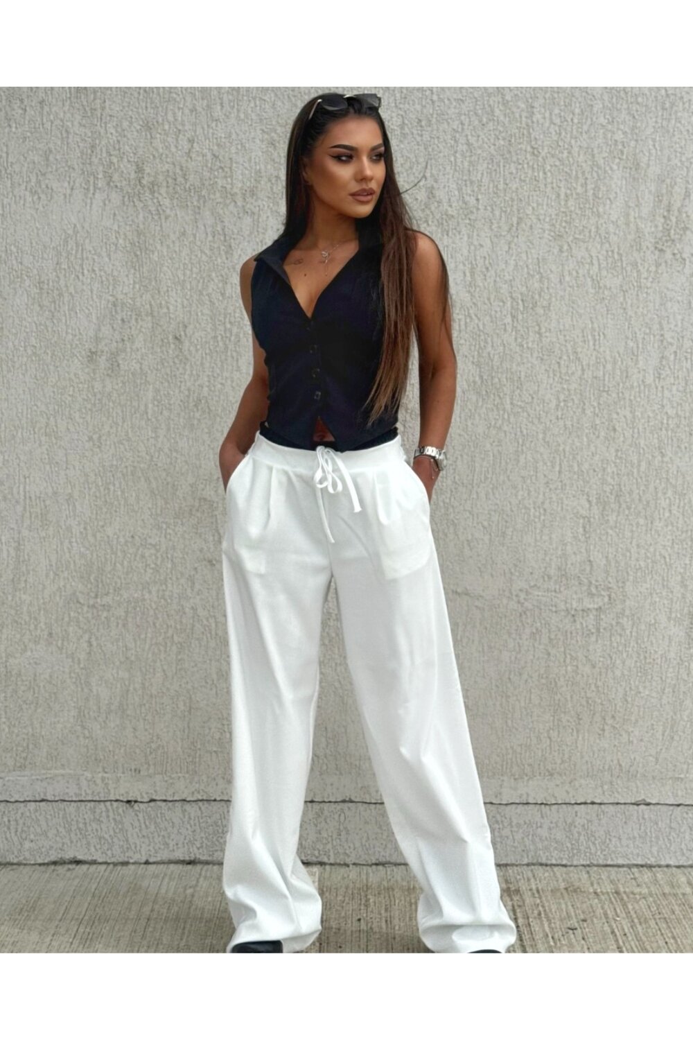 FOGGI Compleu De Dama, Din Doua Piese, Pantalon Cu Betelie Dubla Si Vesta, Hellyore, Alb-negru