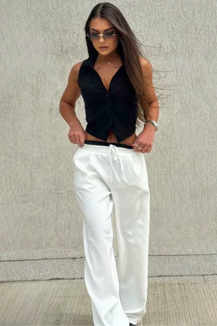 Compleu de Dama, din Doua Piese, Pantalon cu Betelie Dubla si Vesta, Hellyore, Alb-Negru