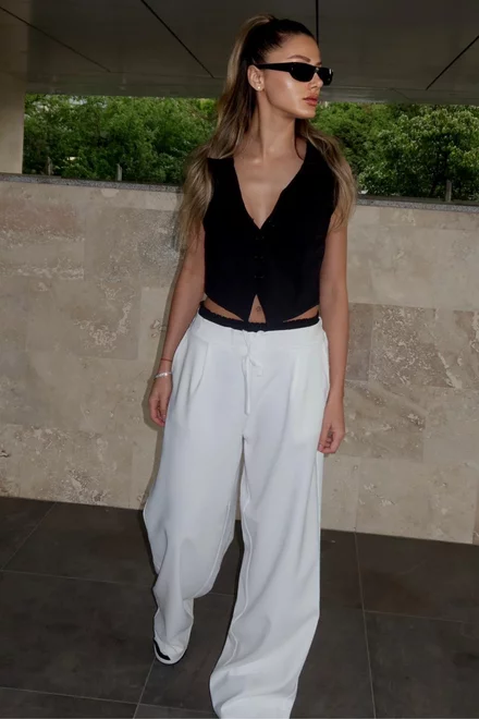 Compleu de Dama, din Doua Piese, Pantalon cu Betelie Dubla si Vesta, Hellyore, Alb-Negru