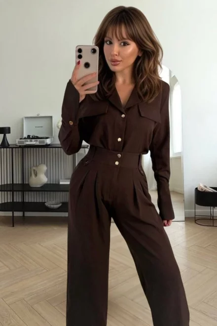 Compleu de Dama, din Doua Piese, Pantalon cu Talie Inalta si Camasa cu Inchidere Nasturi, Caramello, Maro