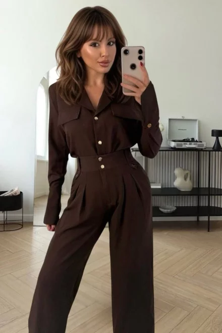 Compleu de Dama, din Doua Piese, Pantalon cu Talie Inalta si Camasa cu Inchidere Nasturi, Caramello, Maro