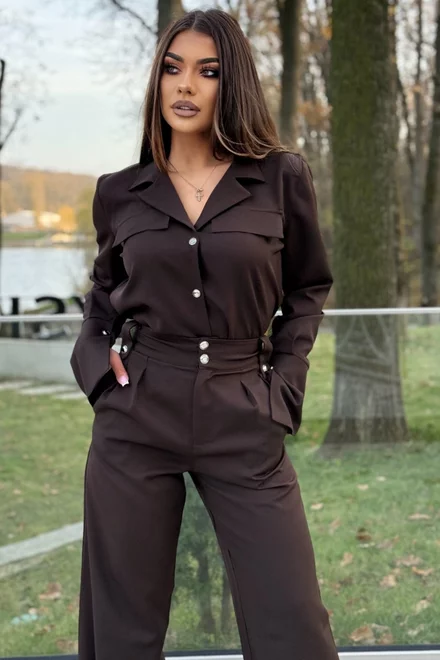 Compleu de Dama, din Doua Piese, Pantalon cu Talie Inalta si Camasa cu Inchidere Nasturi, Caramello, Maro