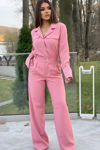 Compleu de Dama, din Doua Piese, Pantalon cu Talie Inalta si Camasa cu Nasturi, Corallia, Roz Bon-Bon