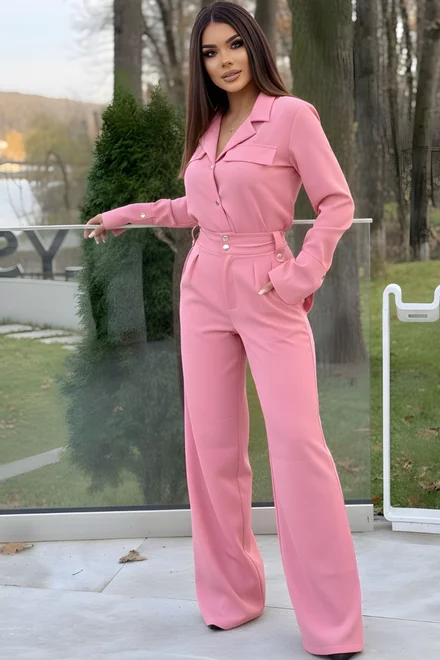 Compleu de Dama, din Doua Piese, Pantalon cu Talie Inalta si Camasa cu Nasturi, Corallia, Roz Bon-Bon
