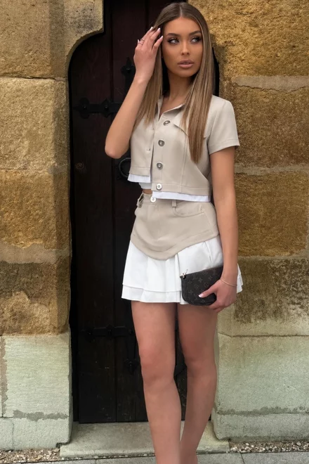 Compleu de Dama, din Doua Piese, Sacou cu Maneca Scurta si Fusta cu Poplin Alb, Fabulous, Bej