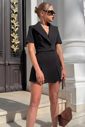 Compleu de Dama, din Doua Piese, Sacou cu Maneca Scurta si Fusta Pantalon, Nurra, Negru